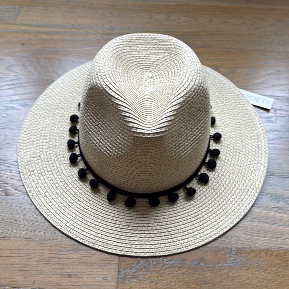 Sole Society Straw and Pom Pom Fedora Hat NWT